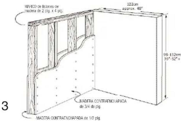 MAREO de listones de madera de 2 plg. x 4 plg. 122cm approx. 48" 98-132cm 39"-52"+ MADERA CONTRAFENCIAPADA de 3/4 de plg. MADERA CONTRAFENCIAPADA de 1/2 plg. 3