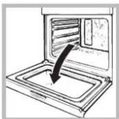 Simple line drawing of a microwave oven with a downward arrow indicating cooling process (no text or symbols)