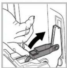 Illustration of a hand pressing down on a mechanical component with an arrow indicating motion (no text or symbols)