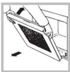 Line drawing of a hand holding a rectangular object with a dark patterned panel, no text or symbols present
