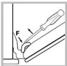 Technical diagram showing a tool interacting with a mechanical component labeled 'F'