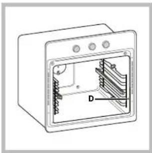 Technical line drawing of a microwave oven with internal cooling fins and labeled component D (no text or symbols beyond label)