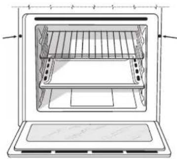 Line drawing of an open oven with internal grating and ventilation duct (no text or symbols)