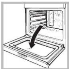 Line drawing of a kitchen oven with a downward arrow indicating a drop or removal (no text or symbols)
