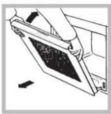 Illustration of a hand holding a rectangular object with a dark triangular pattern, possibly part of a device or panel (no text or symbols visible)