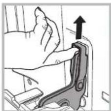 Line drawing of a hand pressing down on a mechanical component with an upward arrow (no text or symbols)