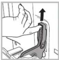 Line drawing of a hand pressing down on a car seatbelt with an upward arrow indicating motion (no text or symbols)