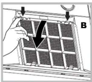 Illustration of a hand installing or adjusting a grid panel with arrows indicating direction (no text or symbols present)