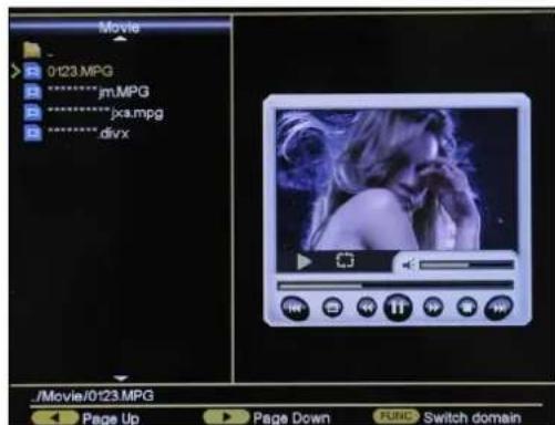 Movie 0123.MPG jm.MPG jxa.mpg divx /Movie/0123.MPG Page Up Page Down FUNC Switch domain