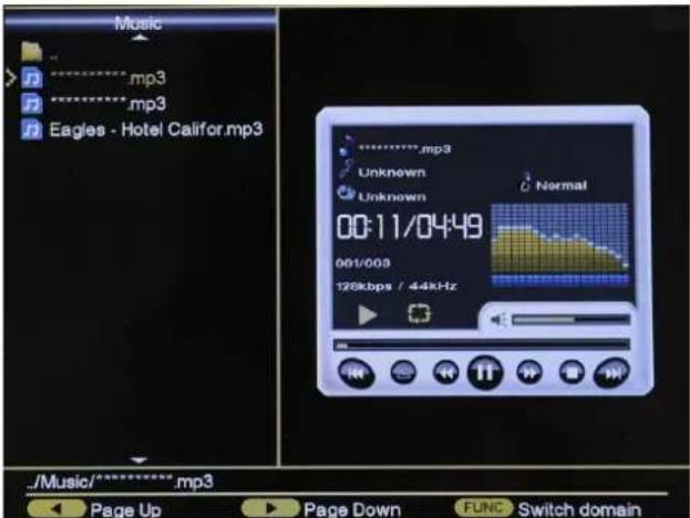 Music mp3 mp3 Eagles - Hotel Califor.mp3 mp3 Unknown Unknown Normal 00:11/04:49 001/003 128kbps / 44kHz ../Music/*******mp3 Page Up Page Down FUNC Switch domain