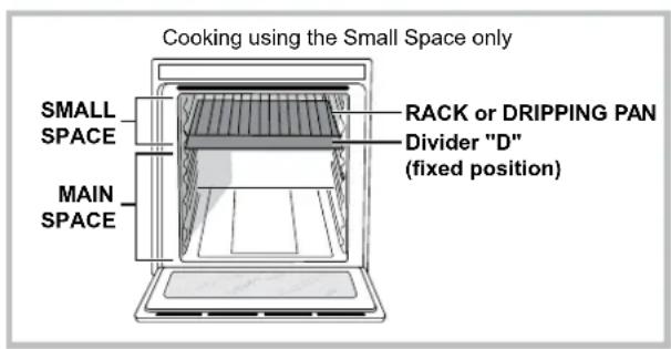 Cooking using the Small Space only SMALL SPACE RACK or DRIPPING PAN Divider "D" (fixed position) MAIN SPACE