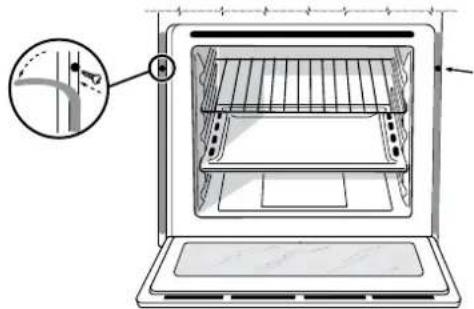 Diagram of an oven with a close-up inset showing internal structure and airflow direction