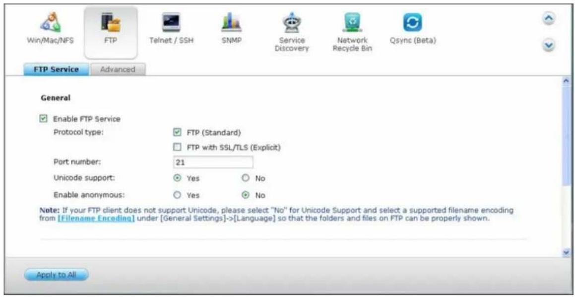Win/Mac/NFS FTP Telnet / SSH SNMP Service Discovery Network Recycle Bin Qsync (Beta) FTP Service Advanced General Enable FTP Service Protocol type: FTP (Standard) FTP with SSL/TLS (Explicit) Port number: 21 Unicode support: Yes No Enable anonymous: Yes No Note: If your FTP client does not support Un…
