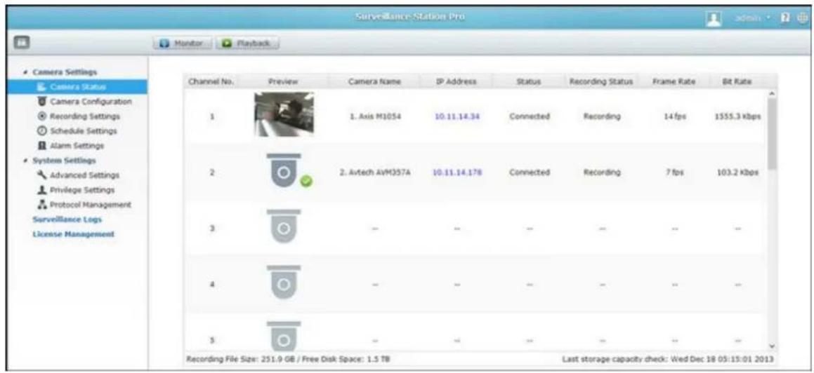 Surveillance Station Pro Monitor Playback Camera Settings Camera Status Camera Configuration Recording Settings Schedule Settings Alarm Settings System Settings Advanced Settings Privilege Settings Protocol Management Surveillance Logs License Management Channel No. Preview Camera Name IP Address St…