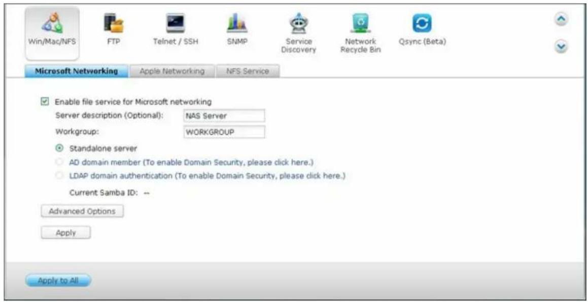 Win/Mac/NFS FTP Telnet / SSH SNMP Service Discovery Network Recycle Bin Qsync (Beta) Microsoft Networking Apple Networking NFS Service Enable file service for Microsoft networking Server description (Optional): NAS Server Workgroup: WORKGROUP Standalone server AD domain member (To enable Domain Secu…