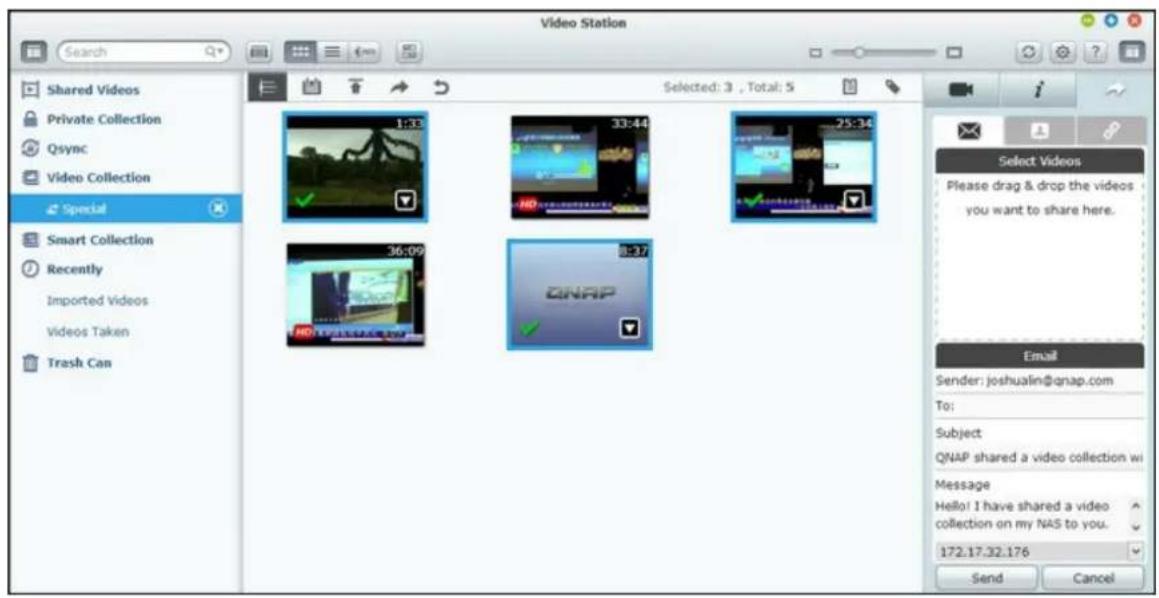 Video Station Search Shared Videos Private Collection Qsync Video Collection Special Smart Collection Recently Imported Videos Videos Taken Trash Can Selected: 3 , Total: 5 1:33 33:44 25:34 36:09 8:37 QNAP Select Videos Please drag & drop the videos you want to share here. Email Sender: joshualin@qn…