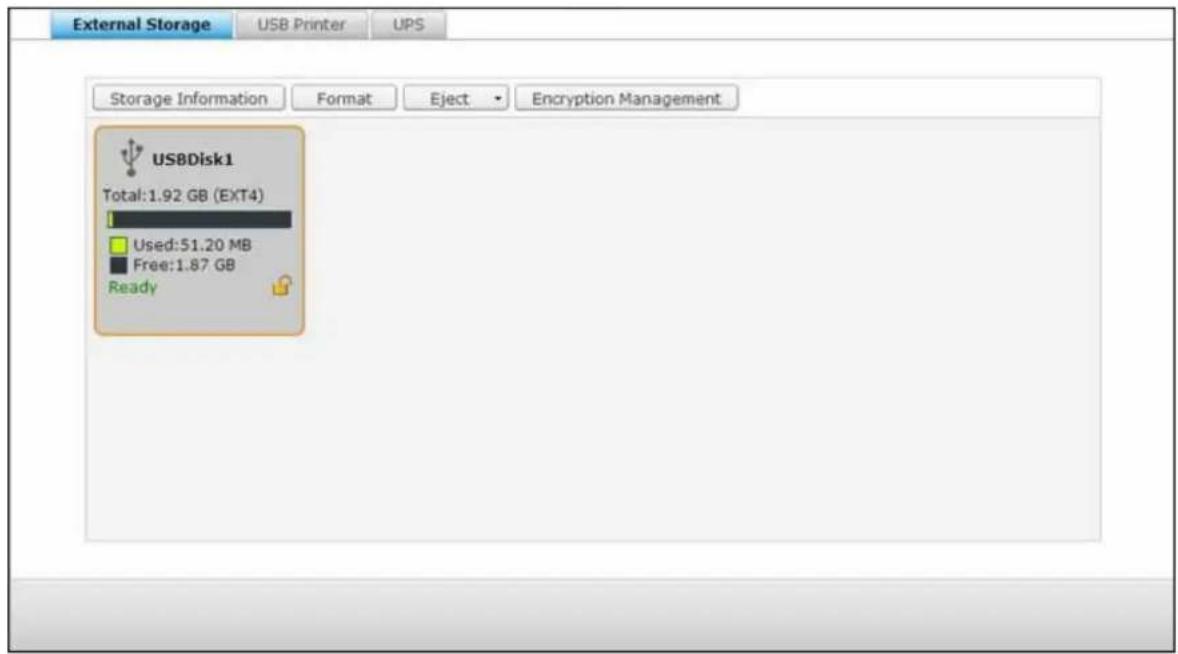 External Storage USB Printer UPS Storage Information Format Eject Encryption Management US8Disk1 Total:1.92 GB (EXT4) Used:51.20 MB Free:1.87 GB Ready