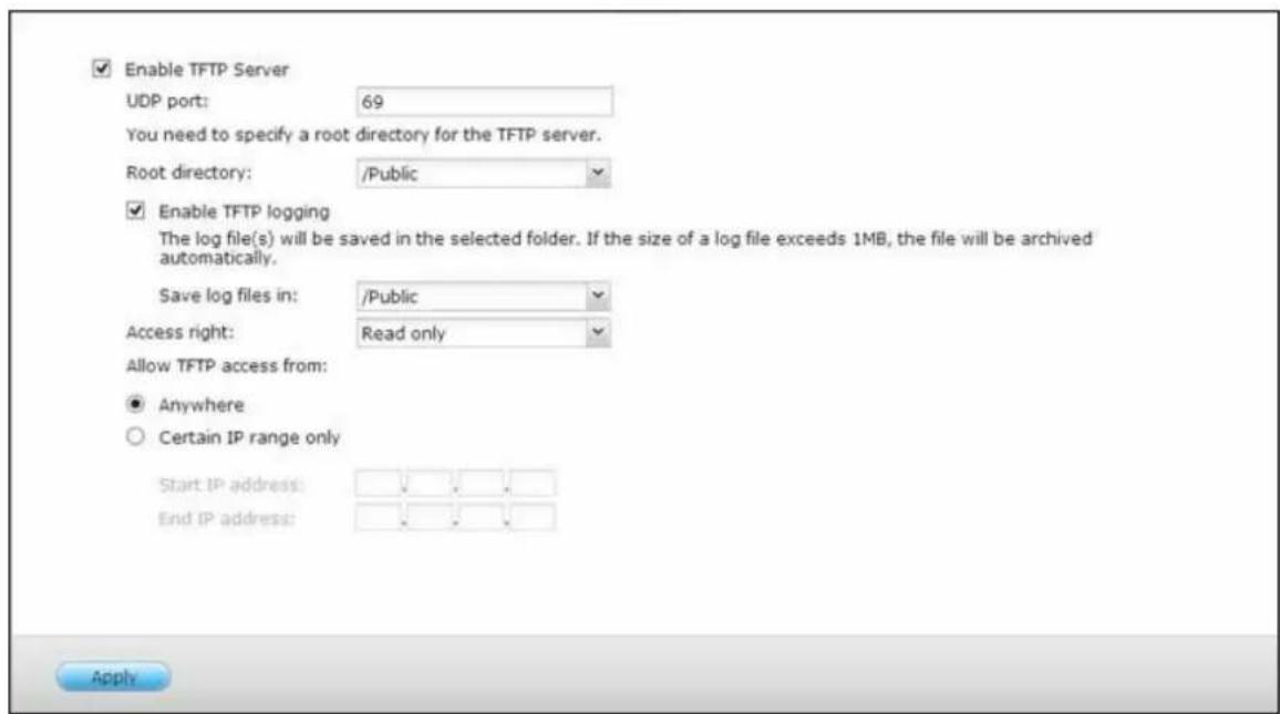 Enable TFTP Server UDP port: 69 You need to specify a root directory for the TFTP server. Root directory: /Public Enable TFTP logging The log file(s) will be saved in the selected folder. If the size of a log file exceeds 1MB, the file will be archived automatically. Save log files in: /Public Acces…