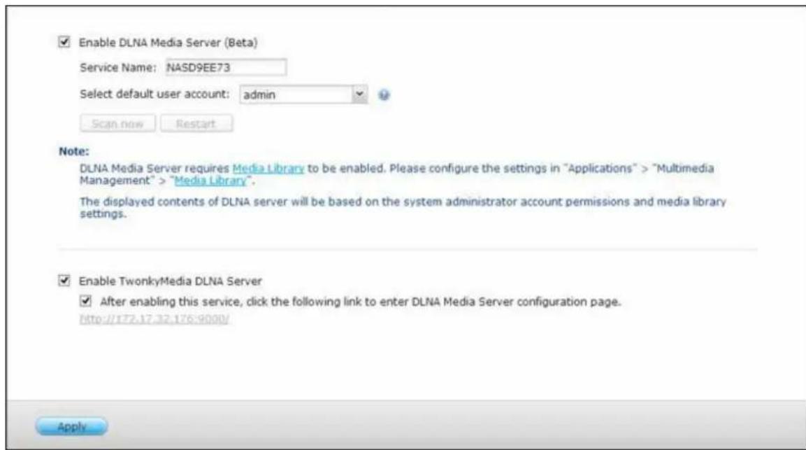 Enable DLNA Media Server (Beta) Service Name: NASD9EE73 Select default user account: admin Scan now Restart Note: DLNA Media Server requires Media Library to be enabled. Please configure the settings in "Applications" > "Multimedia Management" > "Media Library". The displayed contents of DLNA server…