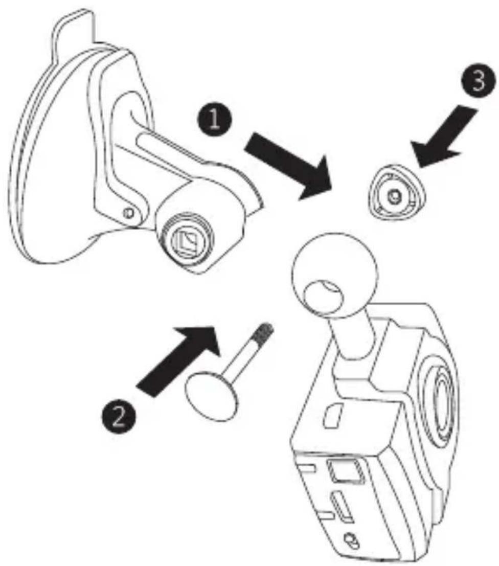 Diagram showing three-step assembly of a device with labeled parts and directional arrows indicating process flow.