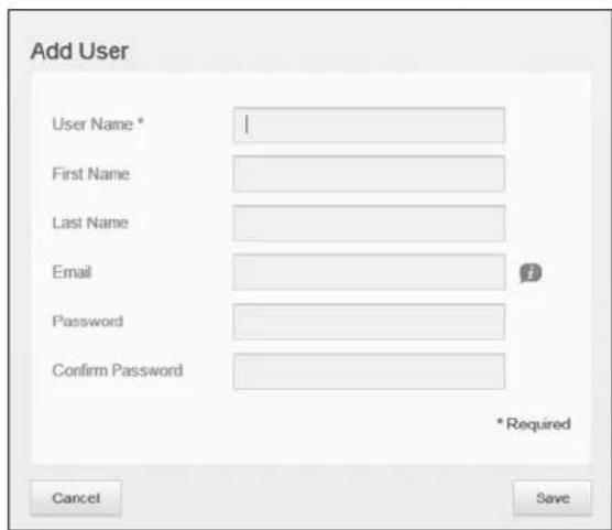 Add User User Name * First Name Last Name Email Password Confirm Password *Required Cancel Save