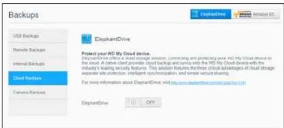 Backups USB Backups Remote Backups internal Backups Cloud Features Camera Backups ElephantDrive Protect your WD My Cloud device. ElephantDrive offers a cloud storage solution, connecting and protecting your WD My Cloud device to the cloud. A better client provides cloud backup and syncs into the WD My Cloud device with the industry's leading security features. This solution features the three critical advantages of cloud storage, separable site protection, intelligent synchronization, and simple secure sharing. For more information about ElephantDrive, visit http://www.elephantdrive.com/you.org.uk ElephantDrive OFF