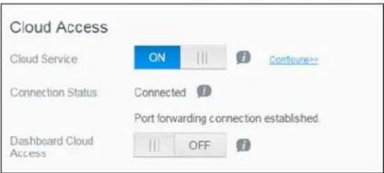 Cloud Access Cloud Service ON Conture>> Connection Status Connected Port forwarding connection established. Dashboard Cloud Access OFF