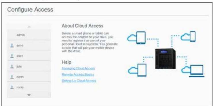 Configure Access About Cloud Access Before a smart phone or tablet can across the content on your drive, you need to register it as part of your personal cloud ecosystem. You generate a code that will pair your mobile device with the drive. Help Managing Cloud Access Remote Access Basic Setting Up Cloud Access