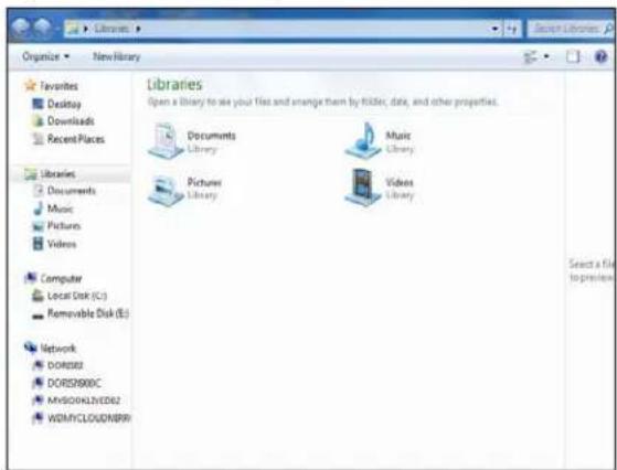 Organize NewLibrary Favorites Desktop Downloads Recent Places Libraries Documents Music Pictures Videos Computer Local Disk (C:) Removable Disk (E:) Network DORIS02 DORIS9001C MySDIOHL2YED62 WDMYCLOUDNBR Libraries Open a library to see your files and arrange them by folder, date, and other properties. Documents Library Music Library Pictures Library Videos Library Select a file to preview