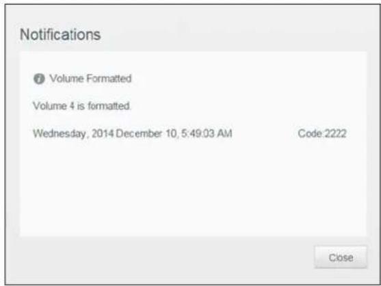 Notifications Volume Formatted Volume 4 is formatted. Wednesday, 2014 December 10, 5:49:03 AM Code:2222 Close