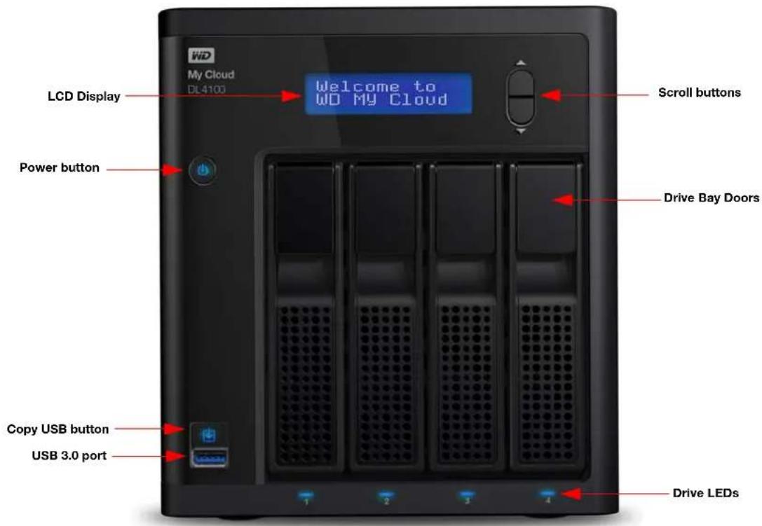 WiD My Cloud DL4100 Welcome to WD MY Cloud LCD Display Power button Copy USB button USB 3.0 port 1 2 3 4 Scroll buttons Drive Bay Doors Drive LEDs