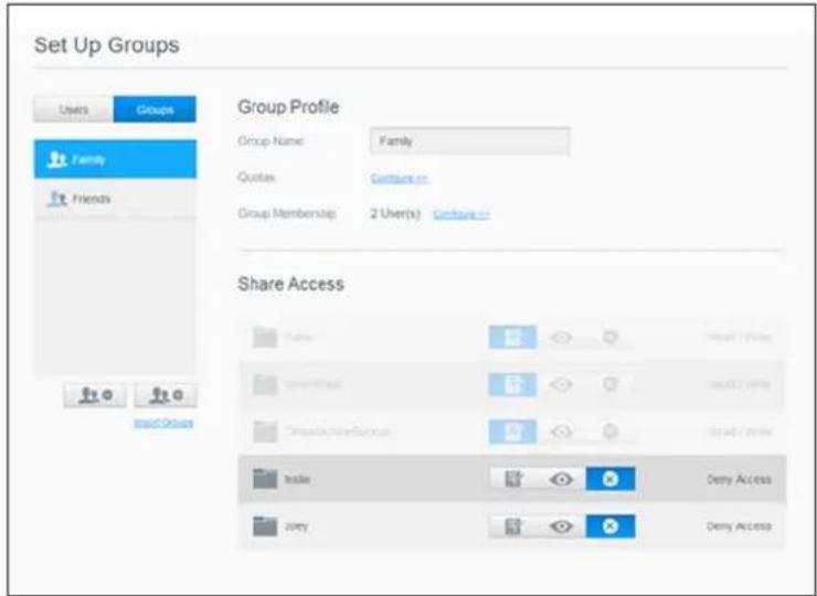 Set Up Groups Users Groups Family Friends Group Profile Group Name: Family Quotes Group Membership: 2 User(s) Group Access Share Access User Share Access Create a new user Share Access Make Deny Access Zony Deny Access
