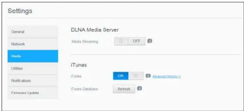 Settings General Network Media Utilities Notifications Firmware Update DLNA Media Server Media Streaming OFF iTunes iTunes ON Advanced Options → iTunes Database Refresh