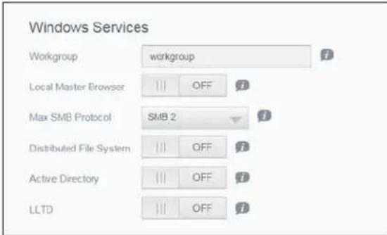 Windows Services Workgroup workgroup Local Master Browser OFF Max SMB Protocol SMB 2 Distributed File System OFF Active Directory OFF LLTD OFF