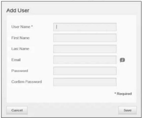 Add User User Name * First Name Last Name Email Password Confirm Password * Required Cancel Save