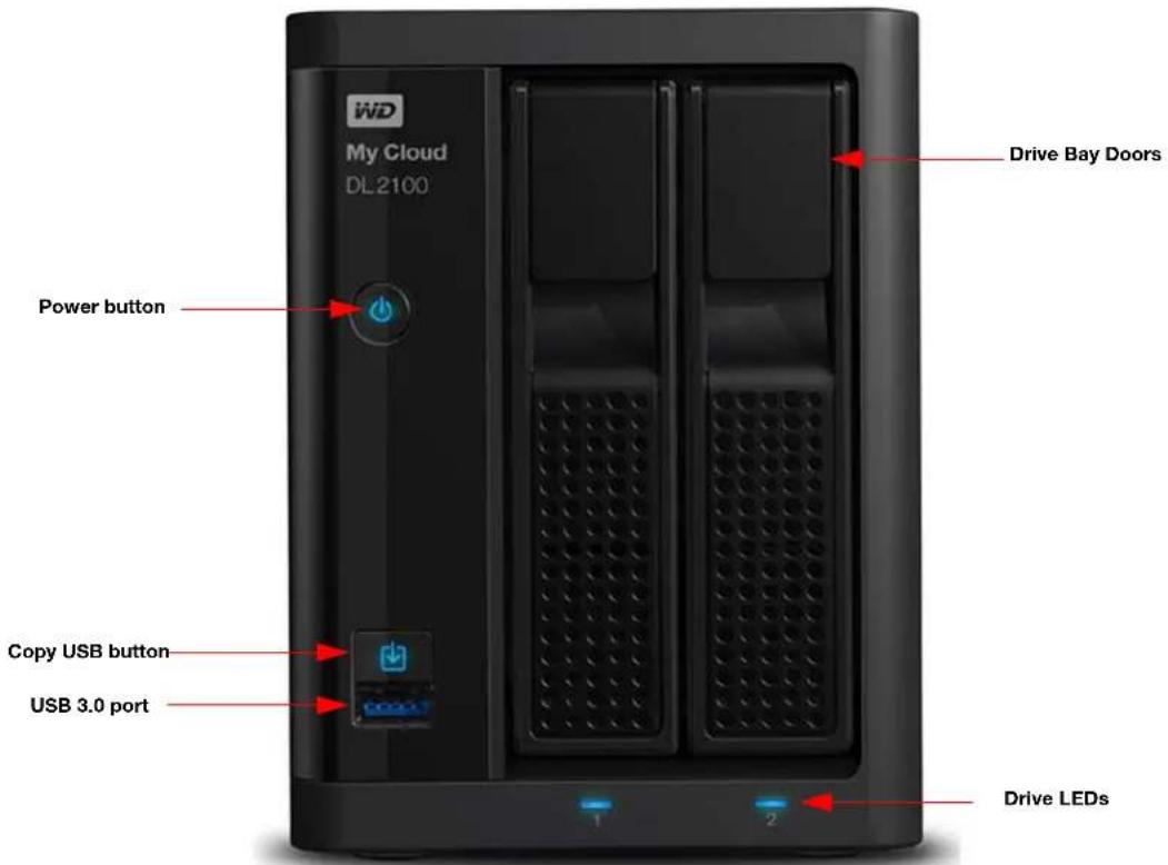 WD My Cloud DL2100 Power button Copy USB button USB 3.0 port Drive Bay Doors Drive LEDs 1 2