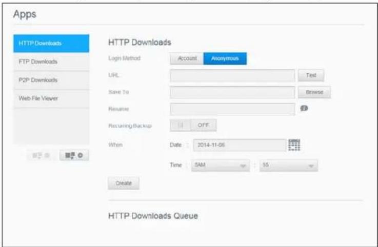 Apps HTTP Downloads FTP Downloads P2P Downloads Web File Viewer HTTP Downloads Login Method Account Anonymous URL Test Save To Browse Resume Recurring/Backup OFF When Date: 2014-11-06 Time: 5AM: 35 Create HTTP Downloads Queue