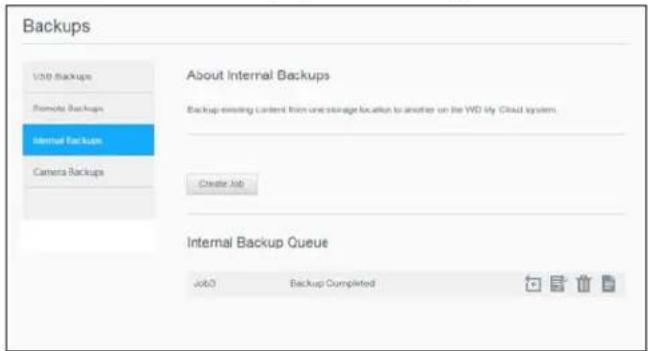 Backups USB Backups Remote Backups Internal Backup Camera Backups About Internal Backups Backup existing content from one storage location to another on the WD My Cloud system. Create Job Internal Backup Queue Job0 Backup Completed