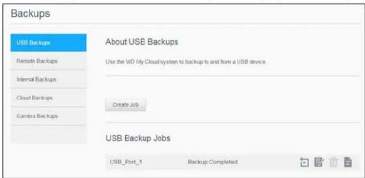 Backups USB Backups Remote Backups Internal Backups Cloud Backups Camera Backups About USB Backups Use the WD My Cloud system to backup to and from a USB device Create Job USB Backup Jobs USB_Port_1 Backup Completed