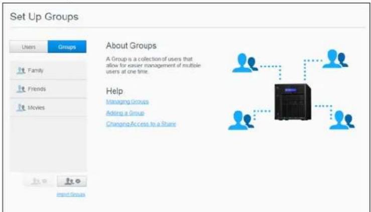 Set Up Groups Users Groups Family Friends Movies About Groups A Group is a collection of users that allow for easier management of multiple users at one time. Help Managing Groups Adding a Group ChangingAccess to a Share