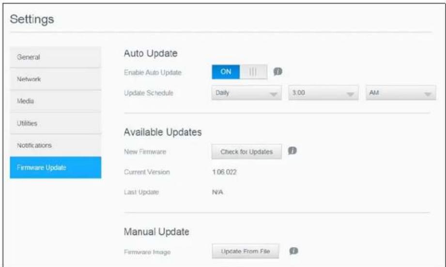 Settings General Network Media Utilities Notifications Firmware Update Auto Update Enable Auto Update ON Update Schedule Daily 3.00 AM Available Updates New Firmware Check for Updates Current Version 1.06.022 Last Update N/A Manual Update Firmware Image Update From File