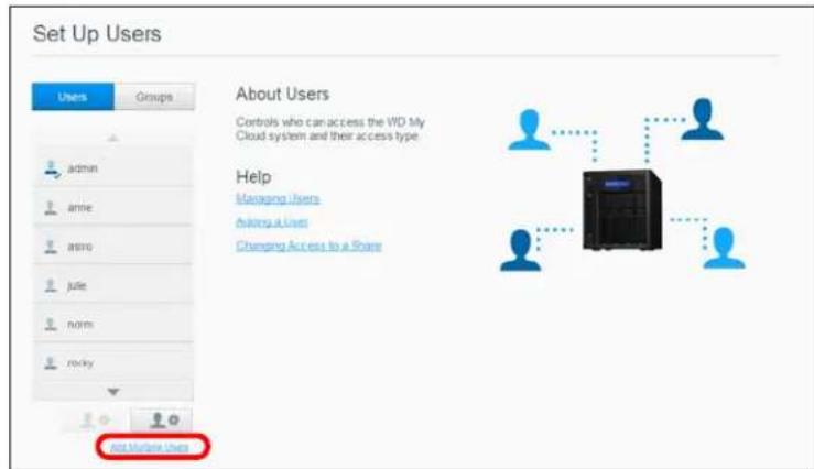 Set Up Users Users Groups admin amie asro jule norm rocky Not Manage Users About Users Controls who can access the WD My Cloud system and their access type Help Managing users Building a User Changing Access to a Share Not Manage Users