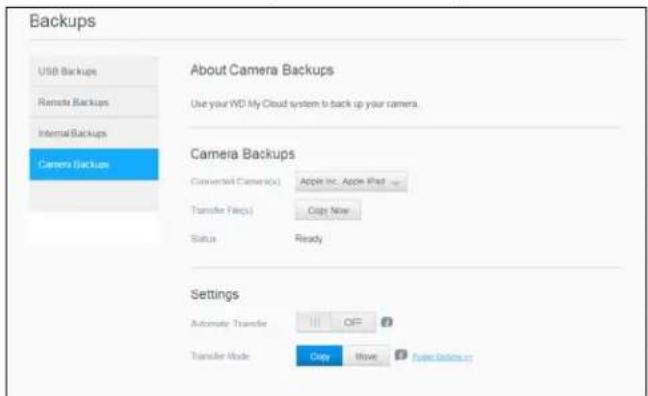 Backups USB Backups Remote Backups Internal Backups Camera Backup About Camera Backups Use your WD My Cloud system to back up your camera. Camera Backups Connected Camera(s) Apple Inc. Apple Kirad Transfer File(s) Copy Now Status Ready Settings Automatic Transfer OFF Transfer Mode Copy Move Power Settings