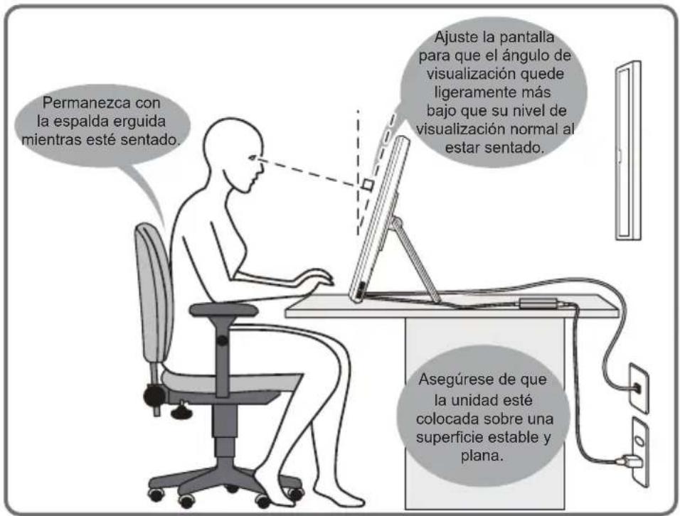 Permanezca con la espalda erguida mientras esté sentado. Ajuste la pantalla para que el ángulo de visualización quede ligeramente más bajo que su nivel de visualización normal al estar sentado. Asegúrese de que la unidad esté colocada sobre una superficie estable y plana.