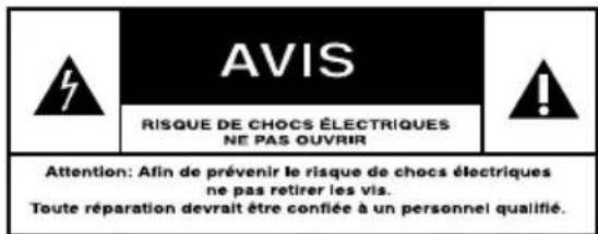 AVIS RISQUE DE CHOCS ÉLECTRIQUES NE PAS OUVRIR Attention: Afin de prévenir le risque de chocs électriques ne pas retirer les vis. Toute réparation devrait être confiée à un personnel qualifié.