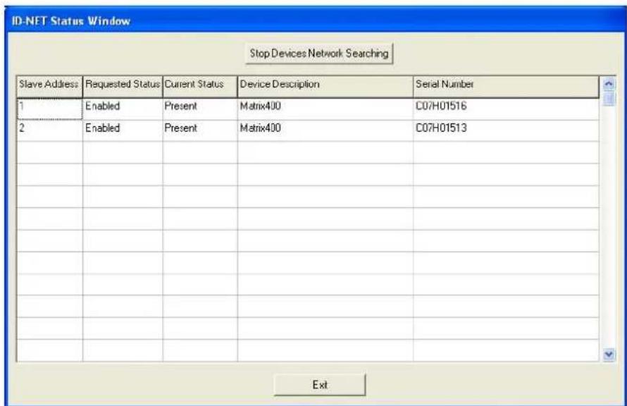 ID-NET Status Window Stop Devices Network Searching Slave Address Requested Status Current Status Device Description Serial Number 1 Enabled Present Matrix400 C07H01516 2 Enabled Present Matrix400 C07H01513 Ext