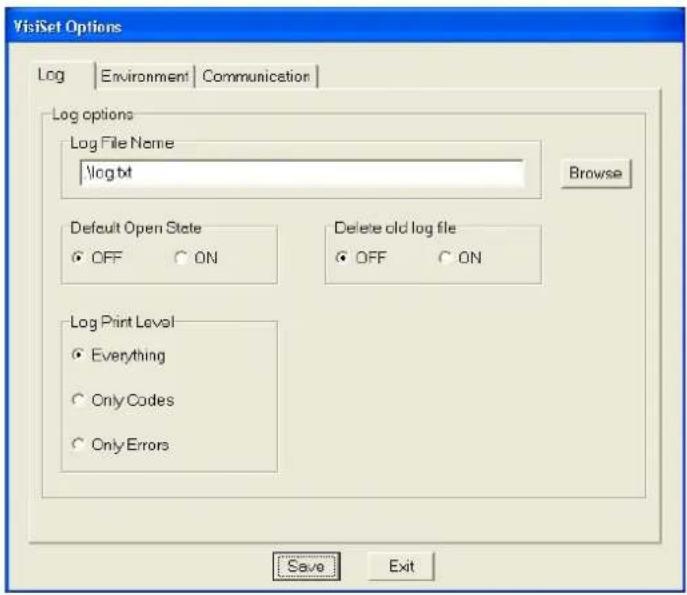VisitSet Options Log | Environment | Communication | Log options Log File Name log bt Browse Default Open State OFF ON Delete old log file OFF ON Log Print Level Everything Only Codes Only Errors Save Exit
