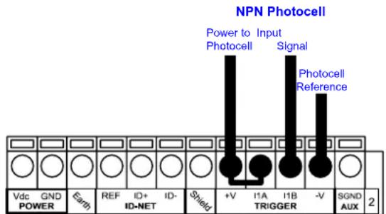 NPN Photocell Power to Input Photocell Signal Photocell Reference Vdc GND Power Earth REF ID+ ID- Shield +V I1A I1B -V TRIGGER SGND AUX 2