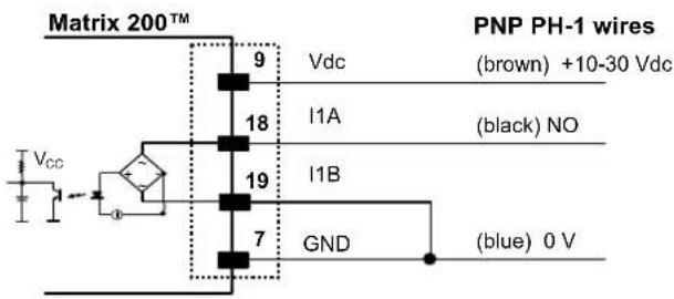 Matrix 200™ Vcc 9 Vdc (brown) +10-30 Vdc I1A (black) NO 18 I1B 19 7 GND (blue) 0 V PNP PH-1 wires