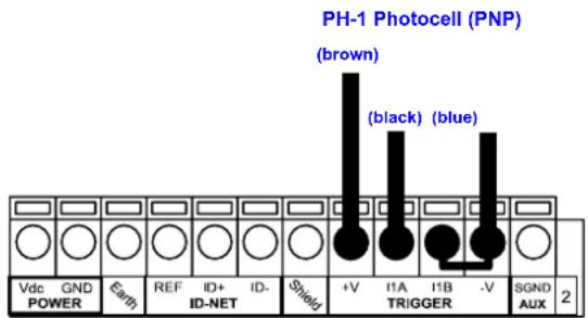 PH-1 Photocell (PNP) (brown) (black) (blue) Vdc GND POWER Earth REF ID+ ID- ID-NET Shield +V I1A I1B -V TRIGGER SGND AUX 2